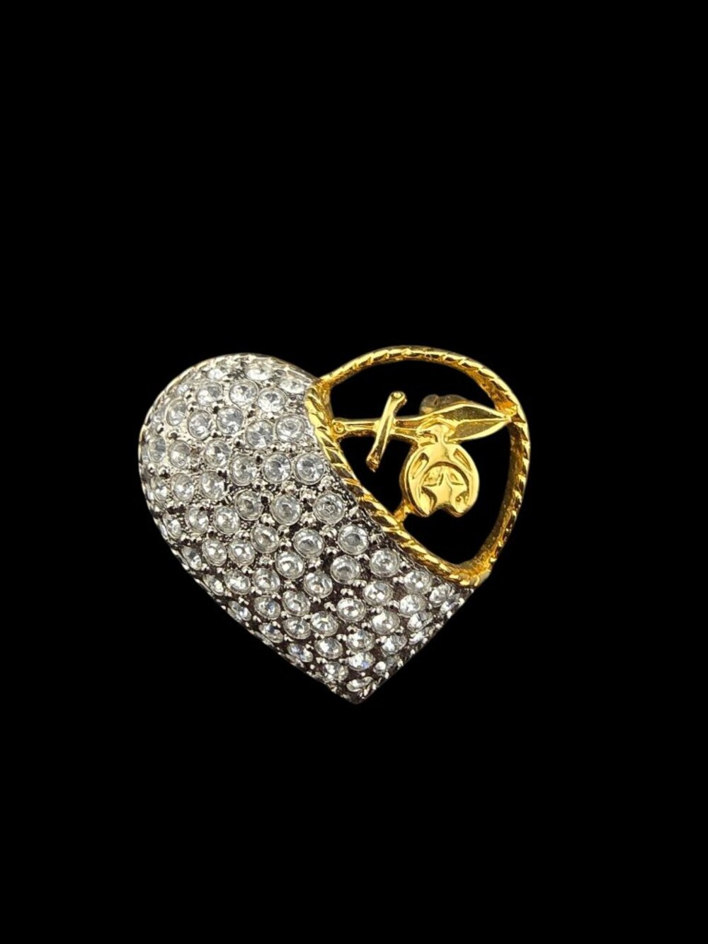 Vintage Butler Pave Heart Brooch With Gold-Tone Rose Detail And Rhinestones